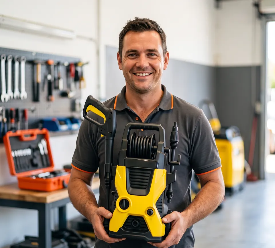 Мастер с улыбкой показывает отремонтированную мойку Karcher